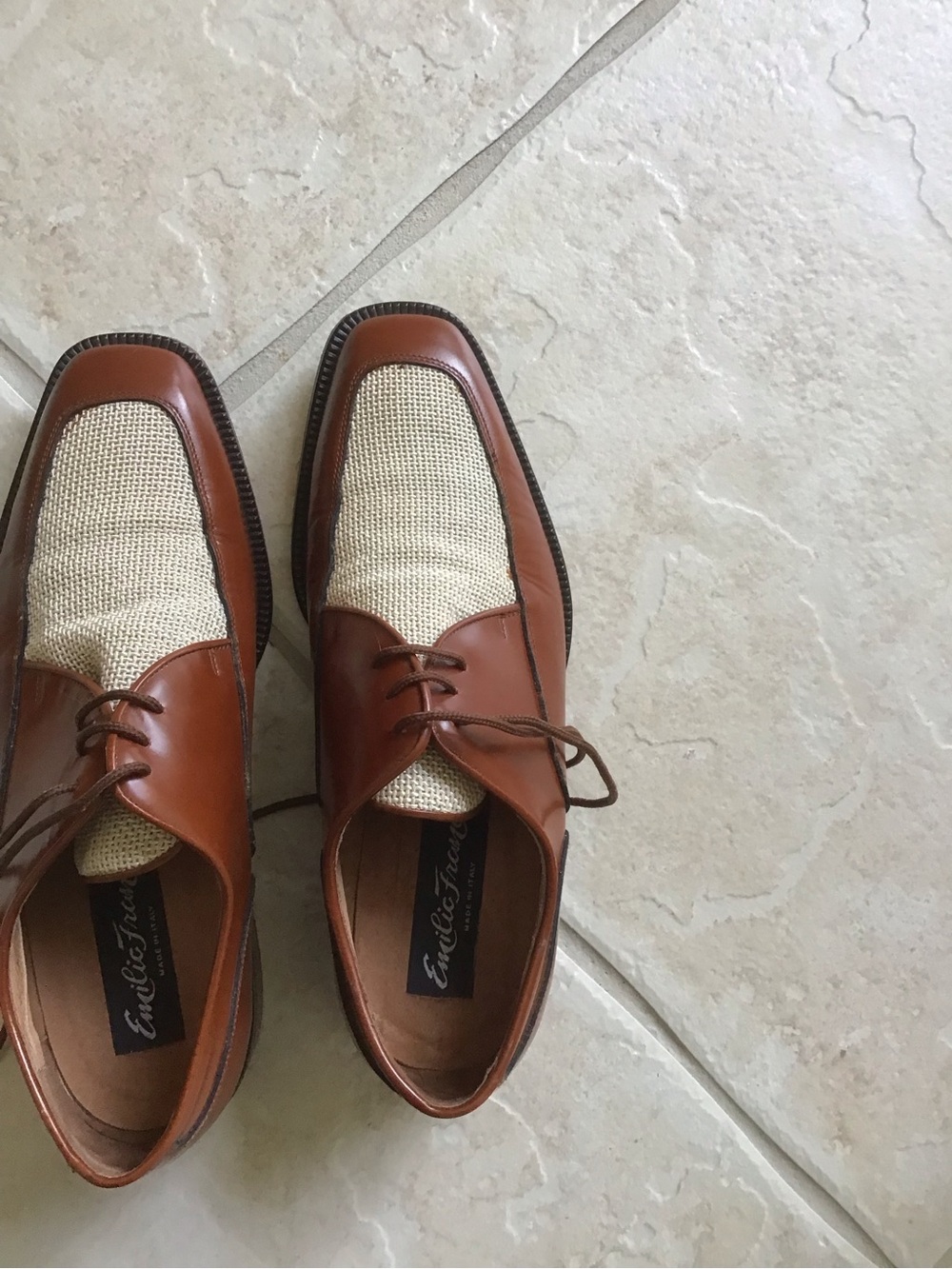 Men's Two-Tone Brown Leather & Cream Woven Derby Shoes - Picture 2 of 7